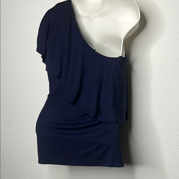 Chaps Blue Asymmetrical Ruffled Blouse - Picture 3 of 5